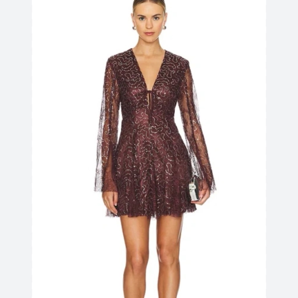 Sabina Musayev Plum Lace V‑Neck Mini Dress